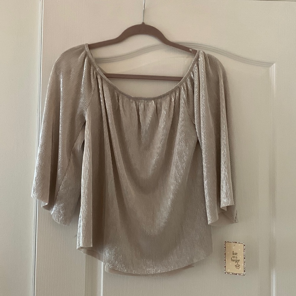 Off the shoulder sparkly silver shirt.